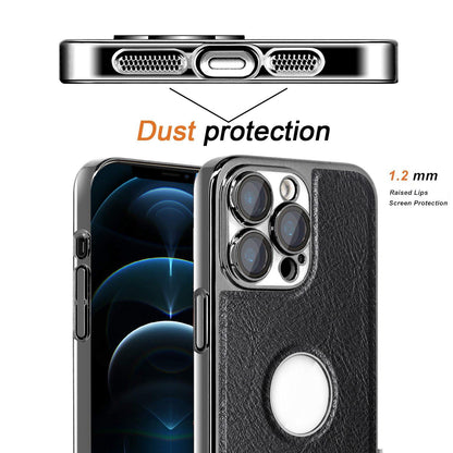 For iPhone 12 Pro Max Cowhide Texture Electroplated Frame PC + Vegan Leather Phone Case - White - EDA009689021B