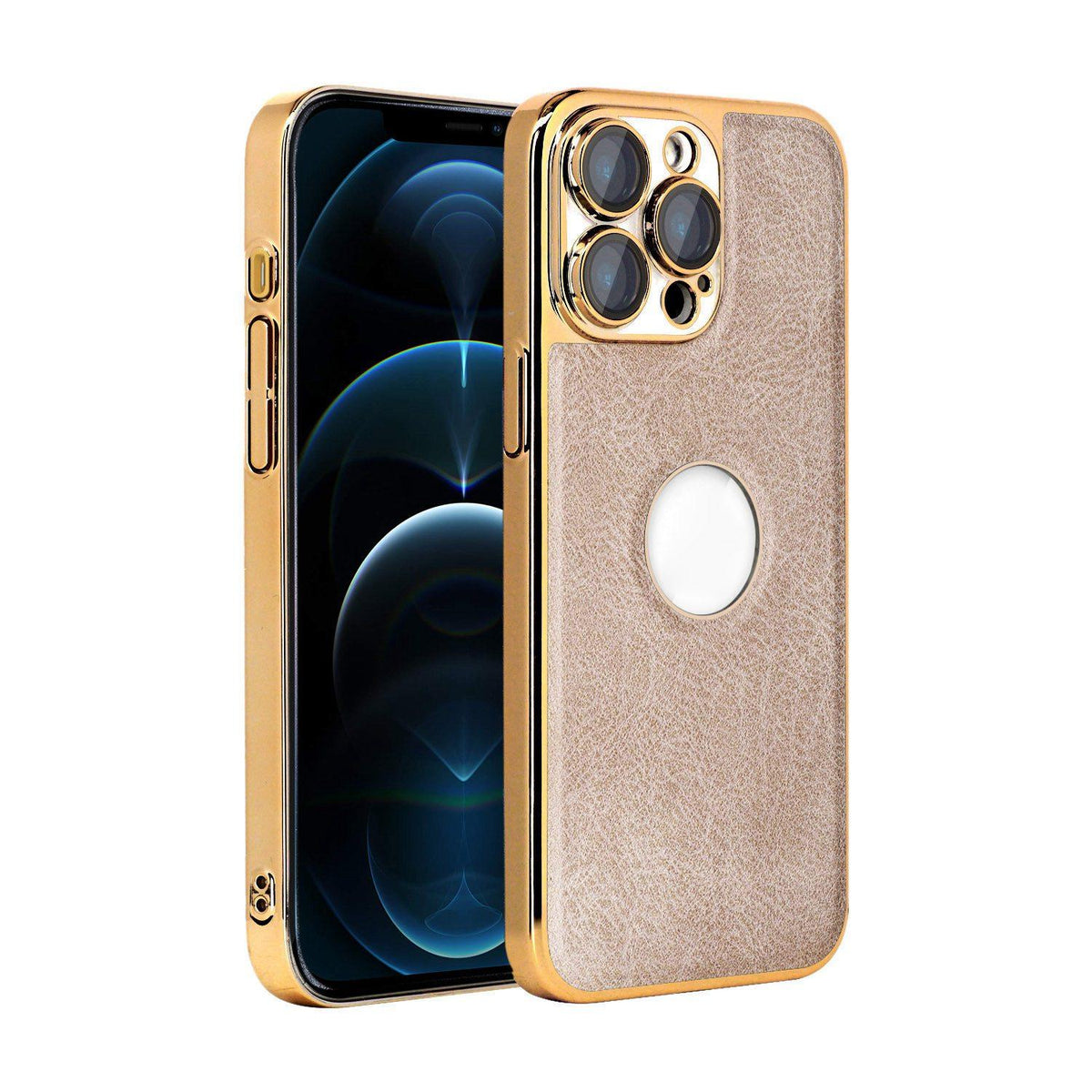 For iPhone 12 Pro Max Cowhide Texture Electroplated Frame PC + Vegan Leather Phone Case - Beige - EDA009689021C
