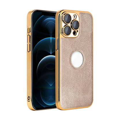 For iPhone 12 Pro Max Cowhide Texture Electroplated Frame PC + Vegan Leather Phone Case - Beige - EDA009689021C