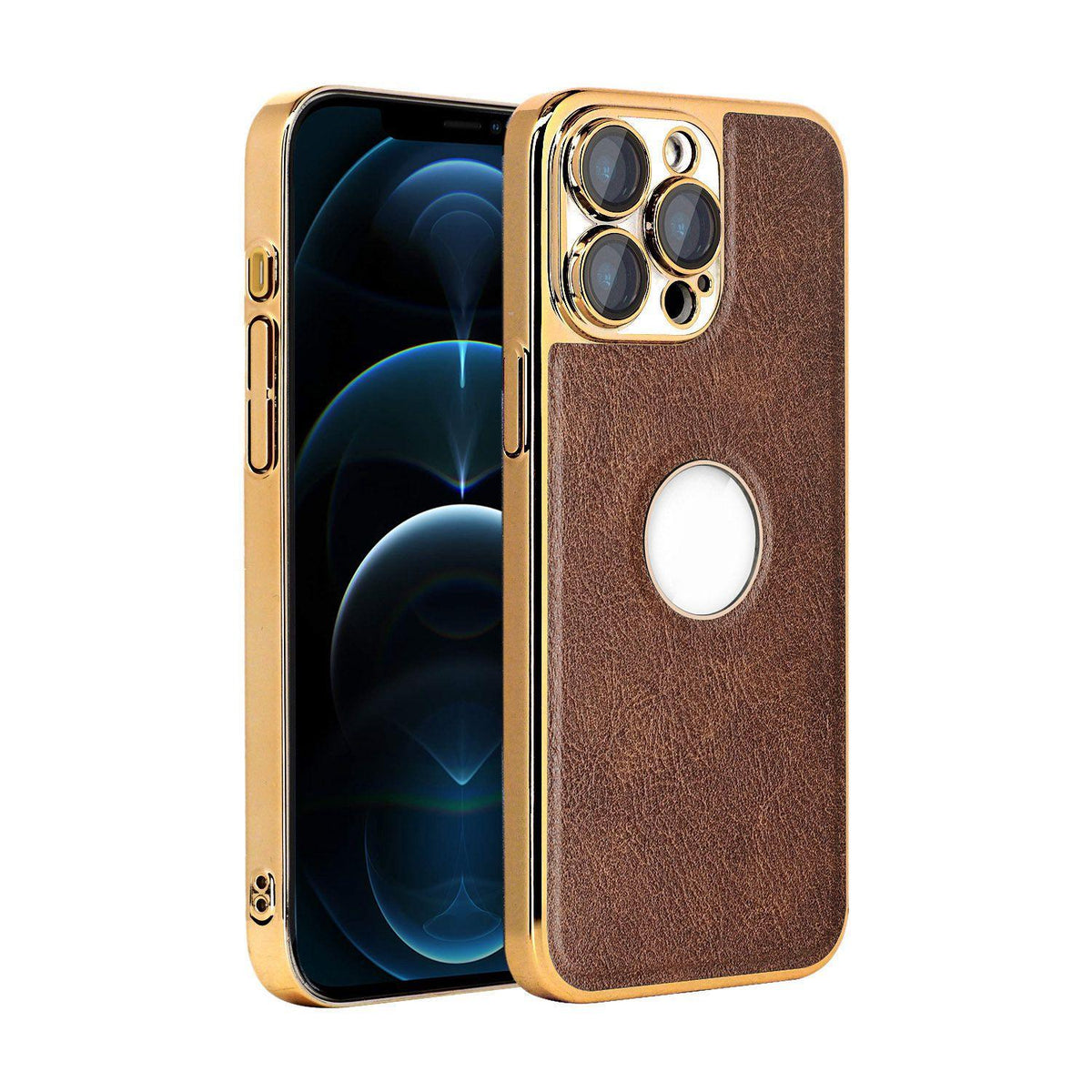 For iPhone 12 Pro Max Cowhide Texture Electroplated Frame PC + Vegan Leather Phone Case - Brown - EDA009689021D