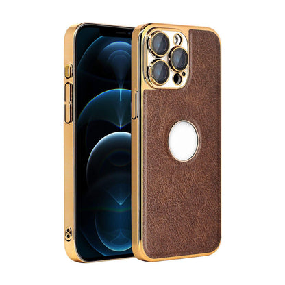 For iPhone 12 Pro Max Cowhide Texture Electroplated Frame PC + Vegan Leather Phone Case - Brown - EDA009689021D