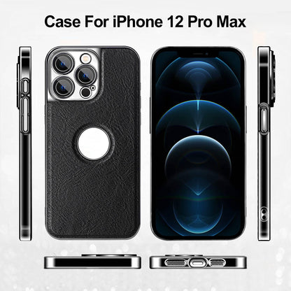 For iPhone 12 Pro Max Cowhide Texture Electroplated Frame PC + Vegan Leather Phone Case - Brown - EDA009689021D