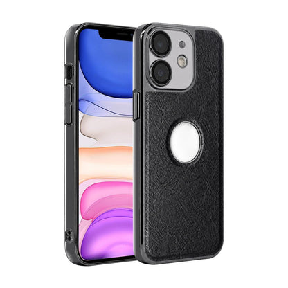 For iPhone 11 Cowhide Texture Electroplated Frame PC + Vegan Leather Phone Case - Black - EDA009689023A