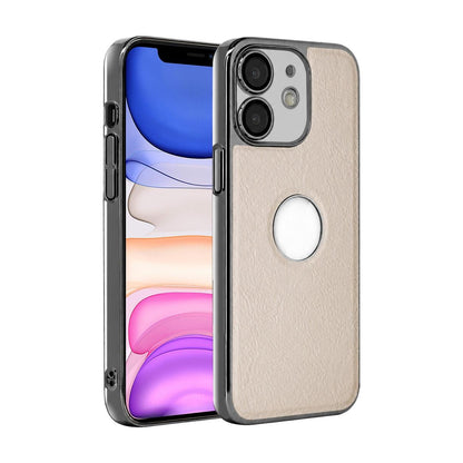 For iPhone 11 Cowhide Texture Electroplated Frame PC + Vegan Leather Phone Case - White - EDA009689023B
