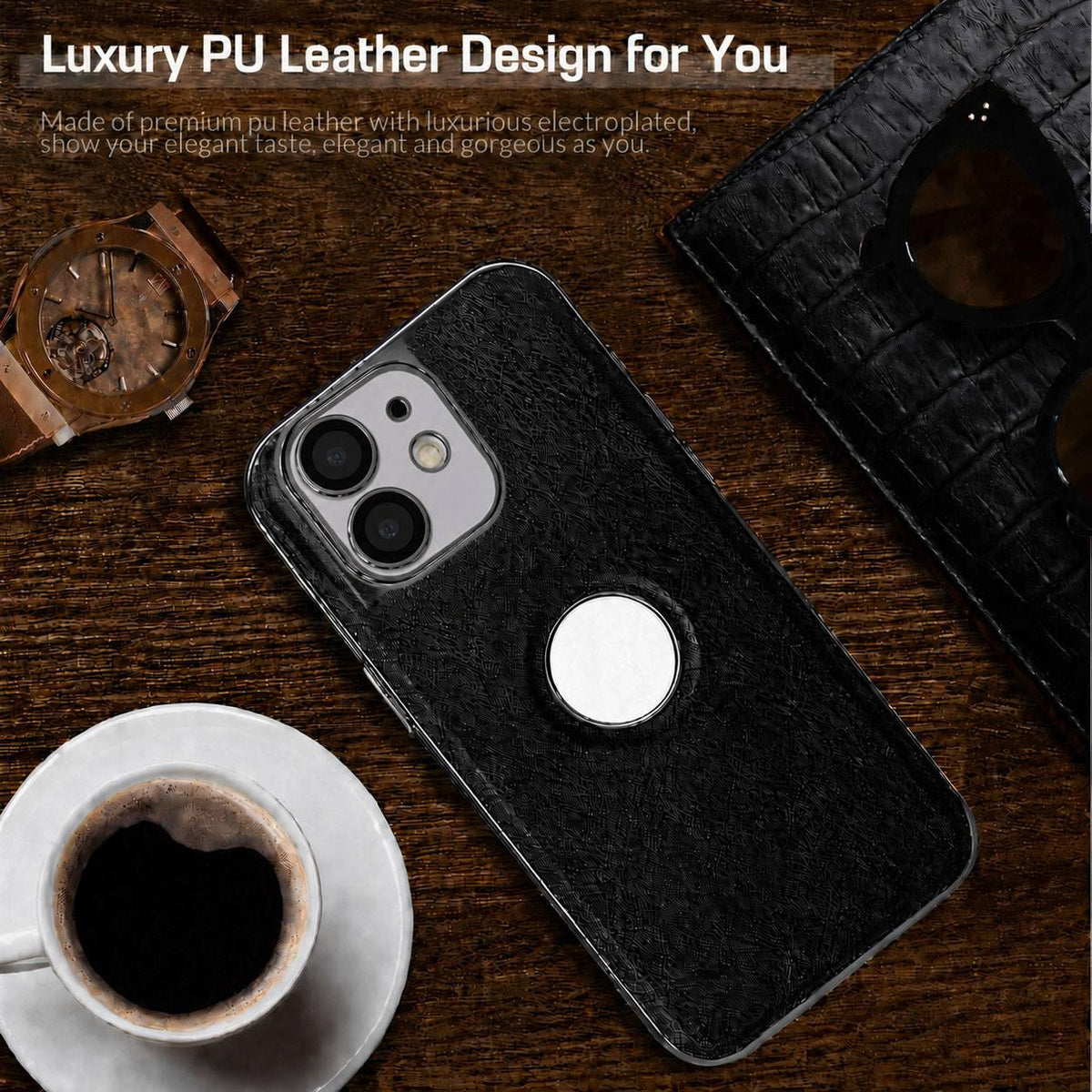For iPhone 11 Cowhide Texture Electroplated Frame PC + Vegan Leather Phone Case - White - EDA009689023B