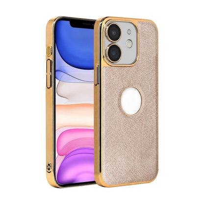 For iPhone 11 Cowhide Texture Electroplated Frame PC + Vegan Leather Phone Case - Beige - EDA009689023C