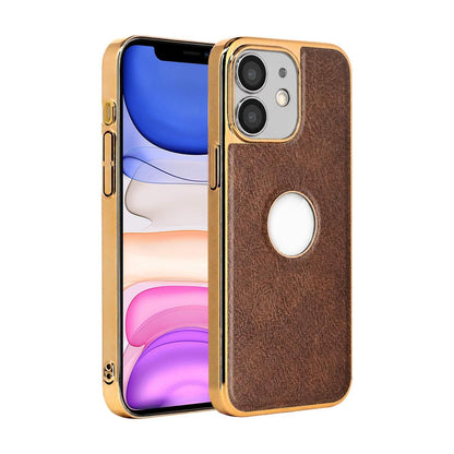 For iPhone 11 Cowhide Texture Electroplated Frame PC + Vegan Leather Phone Case - Brown - EDA009689023D