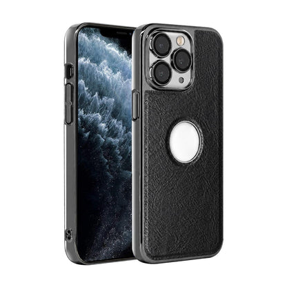 For iPhone 11 Pro Cowhide Texture Electroplated Frame PC + Vegan Leather Phone Case - Black - EDA009689024A