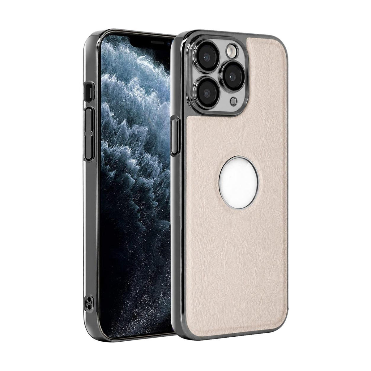 For iPhone 11 Pro Cowhide Texture Electroplated Frame PC + Vegan Leather Phone Case - White - EDA009689024B