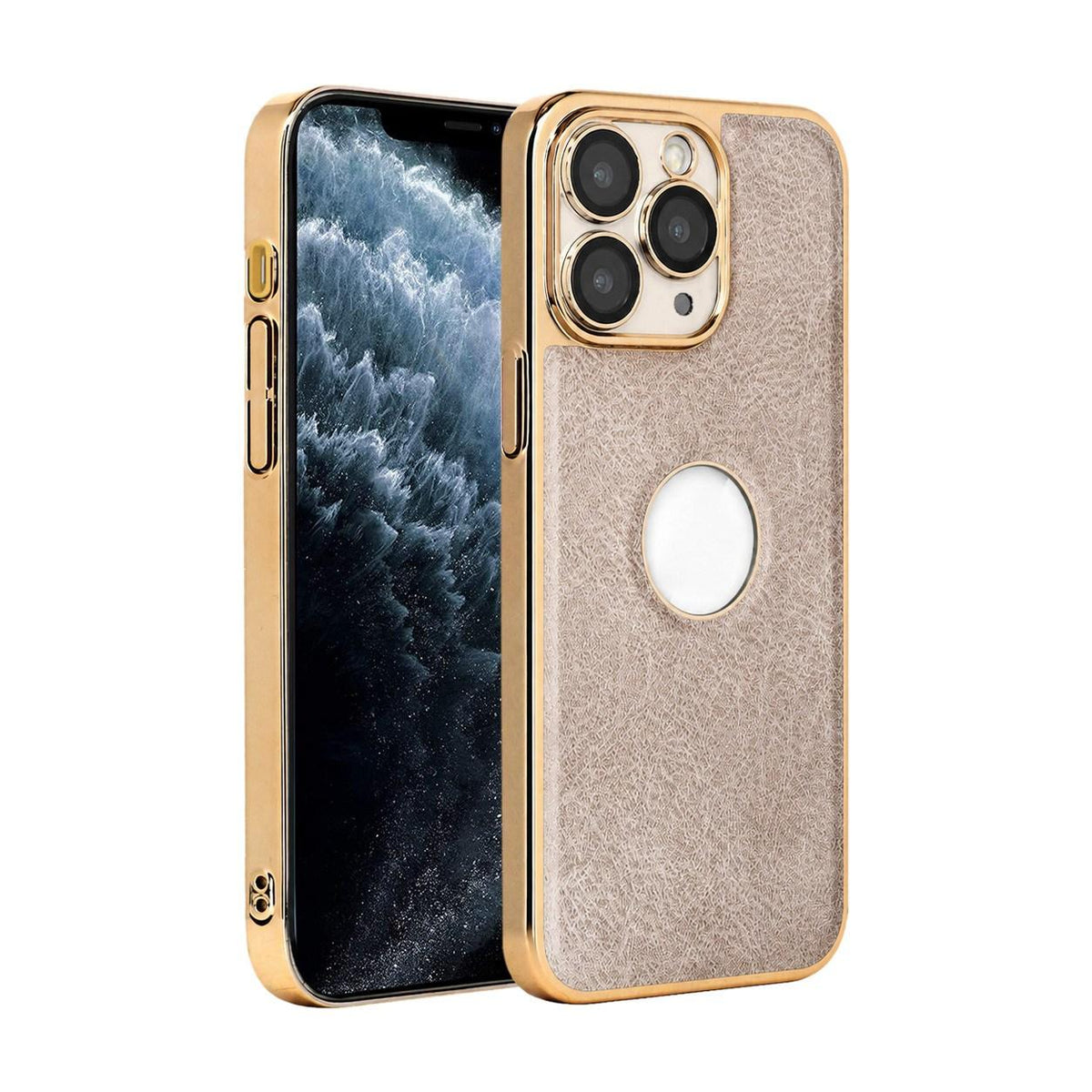 For iPhone 11 Pro Max Cowhide Texture Electroplated Frame PC + Vegan Leather Phone Case - Beige - EDA009689025C