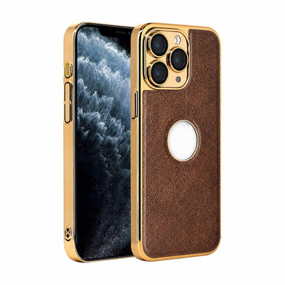 For iPhone 11 Pro Max Cowhide Texture Electroplated Frame PC + Vegan Leather Phone Case - Brown - EDA009689025D