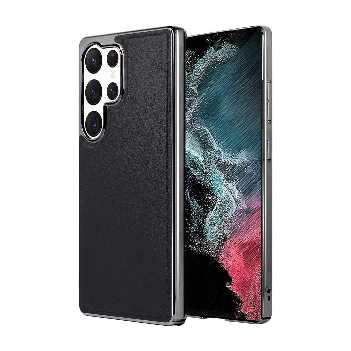 For Galaxy S22 Ultra 5G Cowhide Texture Electroplated Frame PC + Vegan Leather Phone Case - Black - EDA009689902A