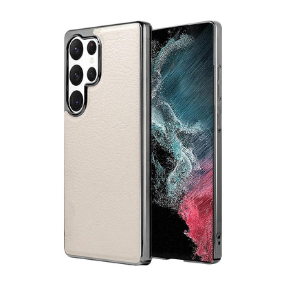 For Galaxy S22 Ultra 5G Cowhide Texture Electroplated Frame PC + Vegan Leather Phone Case - White - EDA009689902B