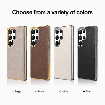 For Galaxy S22 Ultra 5G Cowhide Texture Electroplated Frame PC + Vegan Leather Phone Case - White - EDA009689902B
