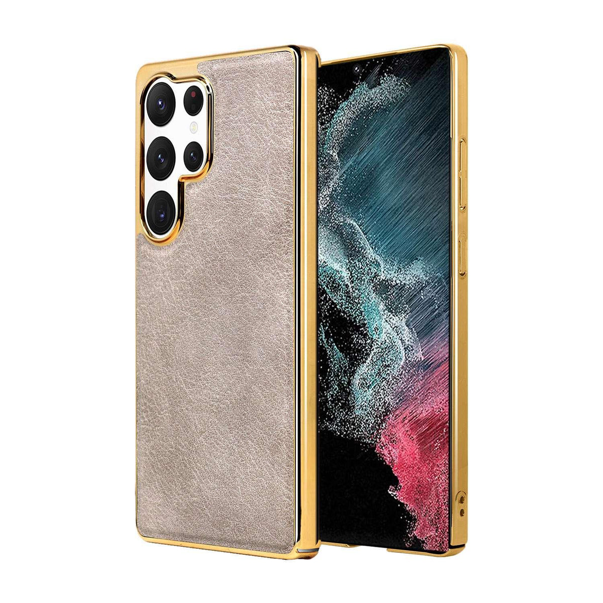 For Galaxy S22 Ultra 5G Cowhide Texture Electroplated Frame PC + Vegan Leather Phone Case - Beige - EDA009689902C