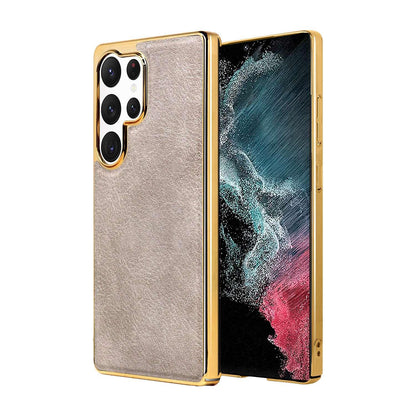 For Galaxy S22 Ultra 5G Cowhide Texture Electroplated Frame PC + Vegan Leather Phone Case - Beige - EDA009689902C