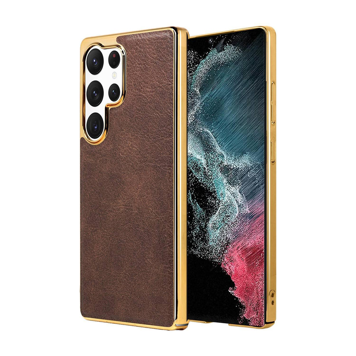 For Galaxy S22 Ultra 5G Cowhide Texture Electroplated Frame PC + Vegan Leather Phone Case - Brown - EDA009689902D