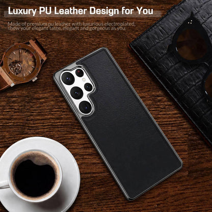 For Galaxy S22 Ultra 5G Cowhide Texture Electroplated Frame PC + Vegan Leather Phone Case - Brown - EDA009689902D