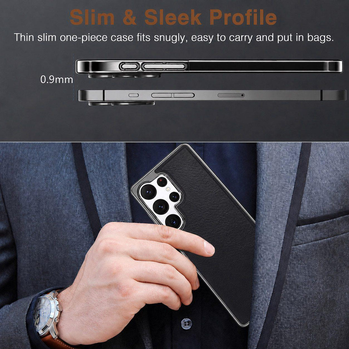 For Galaxy S22 Ultra 5G Cowhide Texture Electroplated Frame PC + Vegan Leather Phone Case - Brown - EDA009689902D