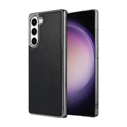 For Galaxy S23 5G Cowhide Texture Electroplated Frame PC + Vegan Leather Phone Case - Black - EDA009689903A