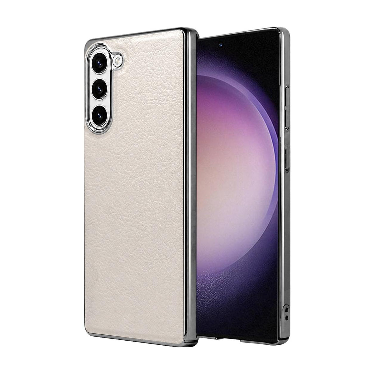 For Galaxy S23 5G Cowhide Texture Electroplated Frame PC + Vegan Leather Phone Case - White - EDA009689903B