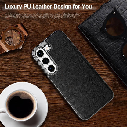 For Galaxy S23 5G Cowhide Texture Electroplated Frame PC + Vegan Leather Phone Case - White - EDA009689903B