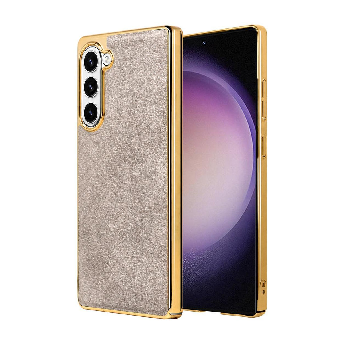 For Galaxy S23 5G Cowhide Texture Electroplated Frame PC + Vegan Leather Phone Case - Beige - EDA009689903C