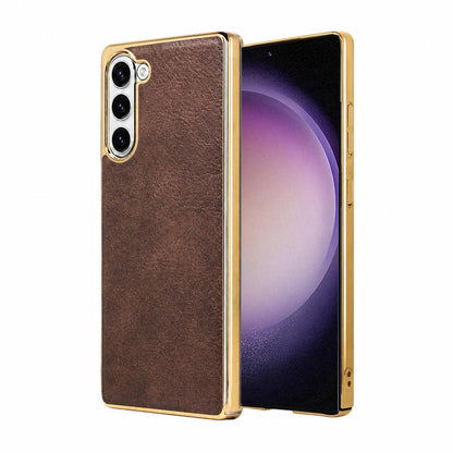 For Galaxy S23 5G Cowhide Texture Electroplated Frame PC + Vegan Leather Phone Case - Brown - EDA009689903D