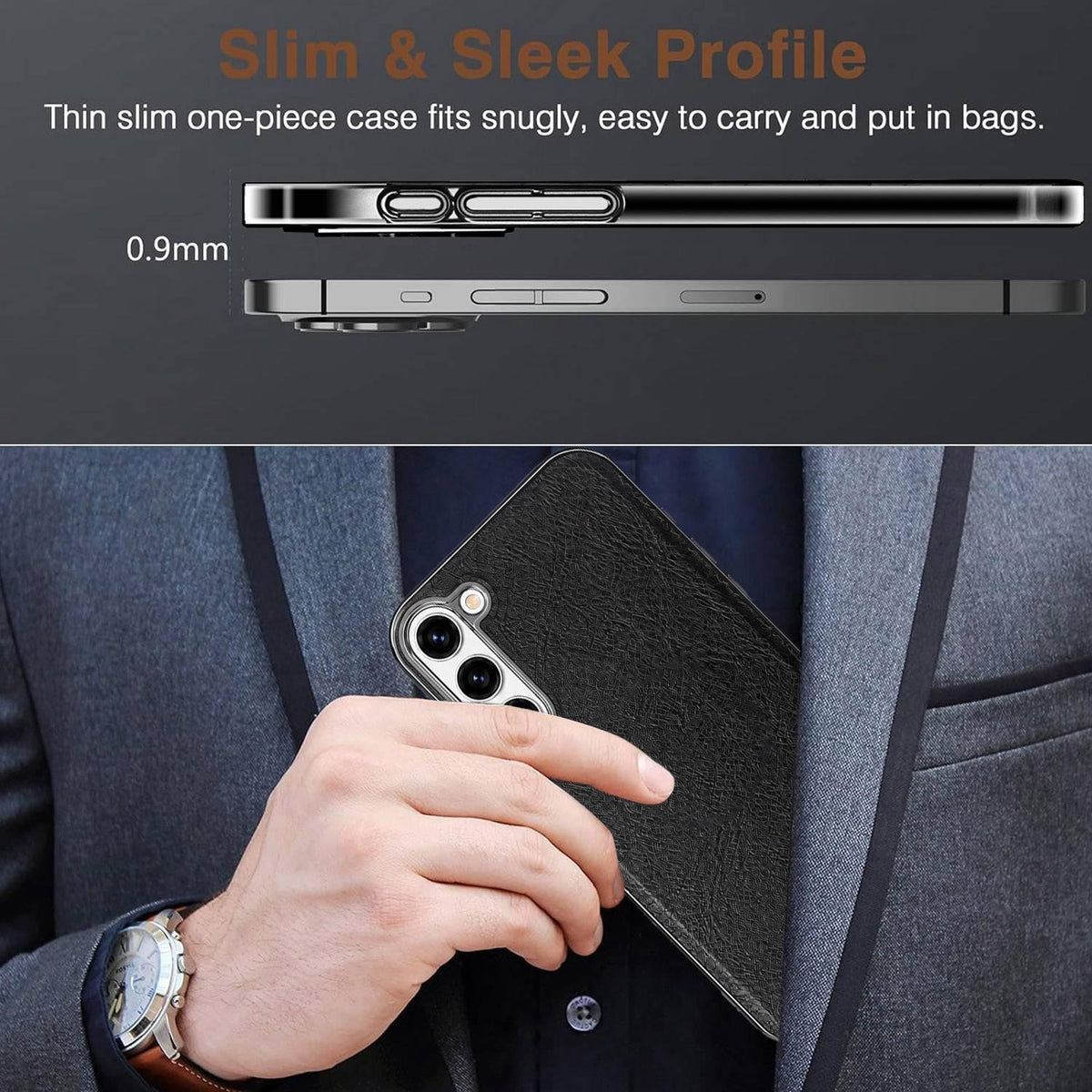 For Galaxy S23 5G Cowhide Texture Electroplated Frame PC + Vegan Leather Phone Case - Brown - EDA009689903D