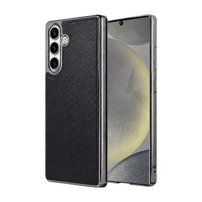 For Galaxy S24 5G Cowhide Texture Electroplated Frame PC + Vegan Leather Phone Case - Black - EDA009689905A