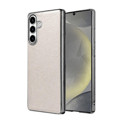 For Galaxy S24 5G Cowhide Texture Electroplated Frame PC + Vegan Leather Phone Case - White - EDA009689905B