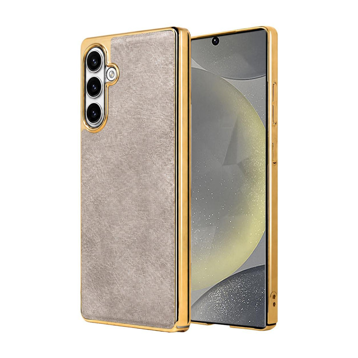For Galaxy S24 5G Cowhide Texture Electroplated Frame PC + Vegan Leather Phone Case - Beige - EDA009689905C