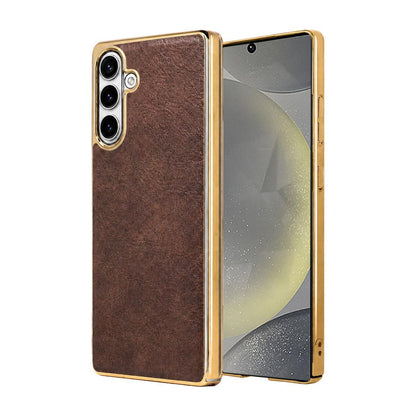 For Galaxy S24 5G Cowhide Texture Electroplated Frame PC + Vegan Leather Phone Case - Brown - EDA009689905D