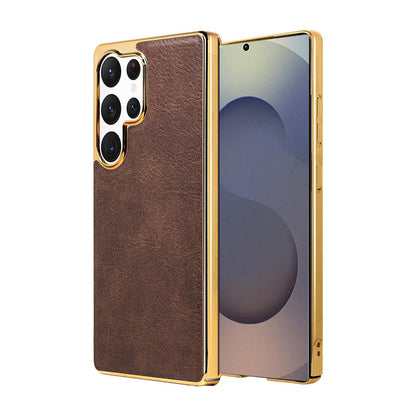 For Galaxy S25 Ultra 5G Cowhide Texture Electroplated Frame PC + Vegan Leather Phone Case - Brown - EDA009689907D