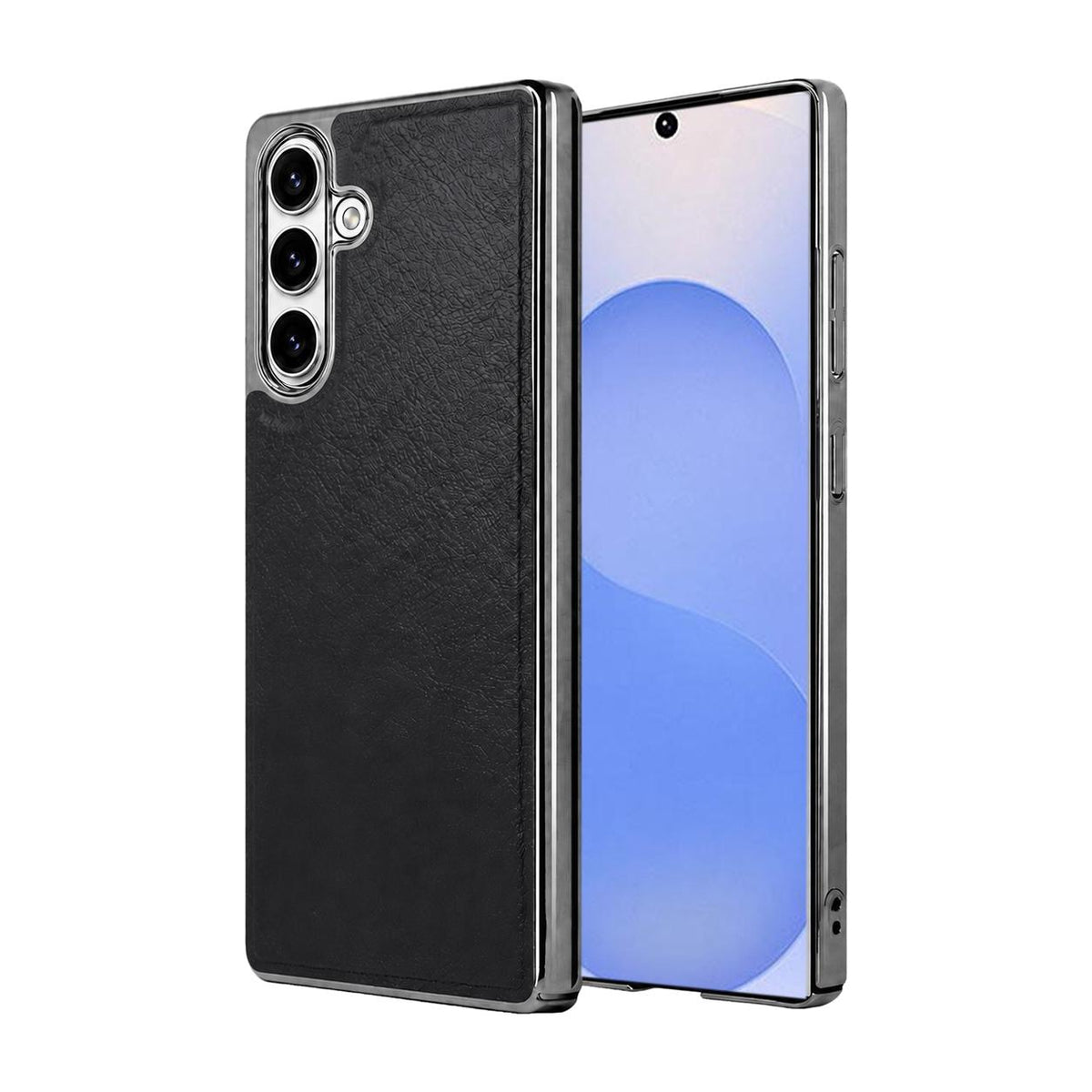 For Galaxy S25 5G Cowhide Texture Electroplated Frame PC + Vegan Leather Phone Case - Black - EDA009689908A