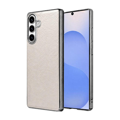 For Galaxy S25 5G Cowhide Texture Electroplated Frame PC + Vegan Leather Phone Case - White - EDA009689908B