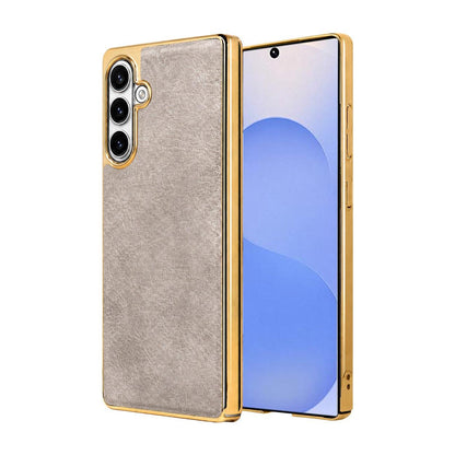 For Galaxy S25 5G Cowhide Texture Electroplated Frame PC + Vegan Leather Phone Case - Beige - EDA009689908C