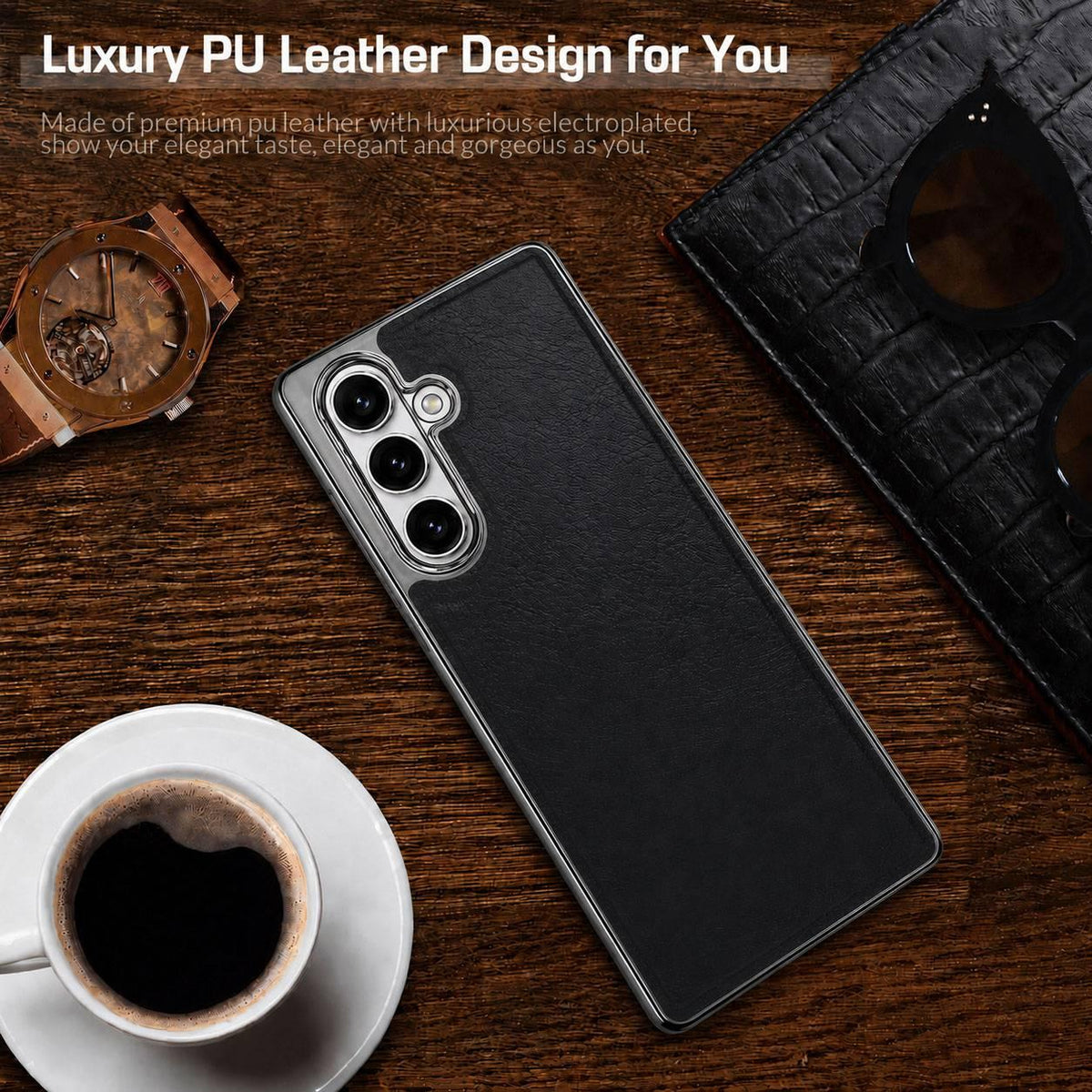 For Galaxy S25 5G Cowhide Texture Electroplated Frame PC + Vegan Leather Phone Case - Beige - EDA009689908C