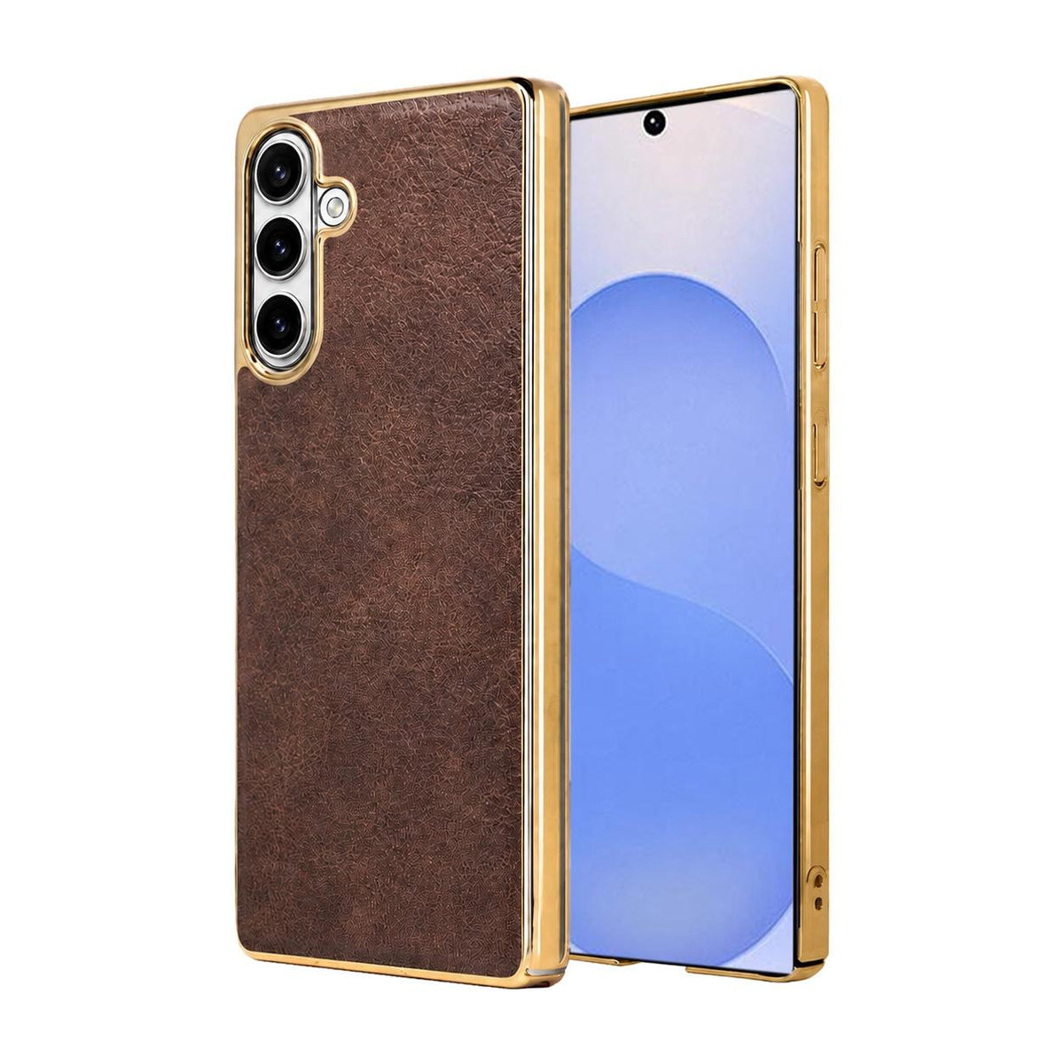 For Galaxy S25 5G Cowhide Texture Electroplated Frame PC + Vegan Leather Phone Case - Brown - EDA009689908D