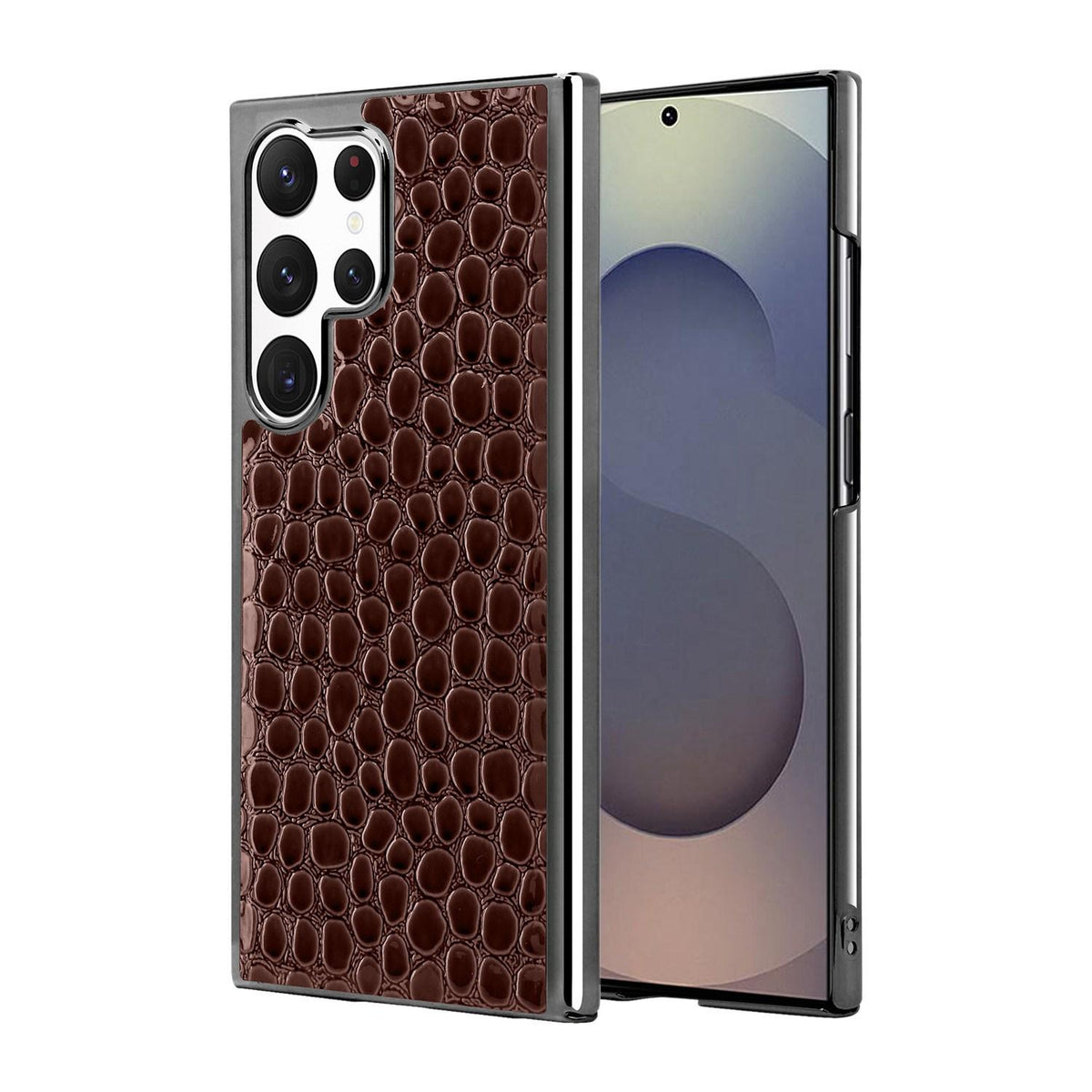 For Galaxy S25 Ultra 5G Pearl Crocodile Texture Electroplated Frame PC + Vegan Leather Phone Case - Dark Brown - EDA009690002A