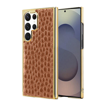 For Galaxy S25 Ultra 5G Pearl Crocodile Texture Electroplated Frame PC + Vegan Leather Phone Case - Brown - EDA009690002C