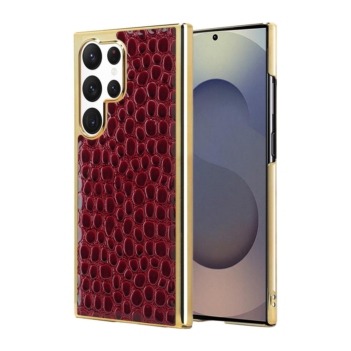 For Galaxy S25 Ultra 5G Pearl Crocodile Texture Electroplated Frame PC + Vegan Leather Phone Case - Red - EDA009690002D
