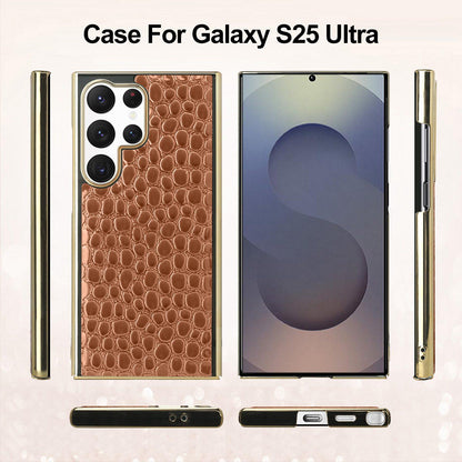 For Galaxy S25 Ultra 5G Pearl Crocodile Texture Electroplated Frame PC + Vegan Leather Phone Case - Red - EDA009690002D