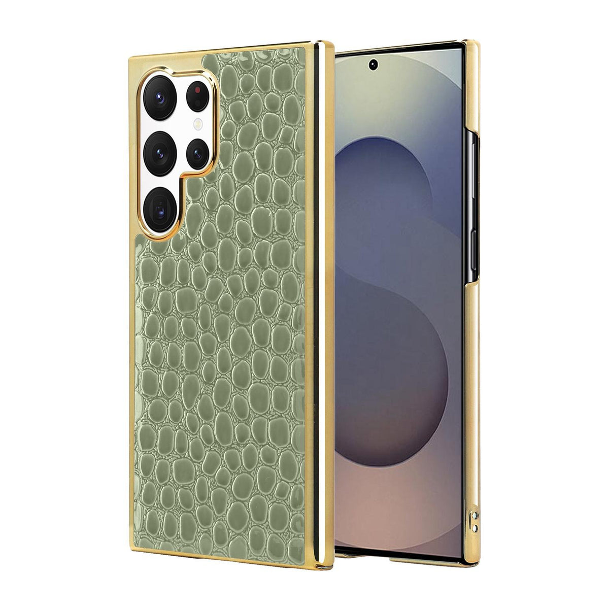 For Galaxy S25 Ultra 5G Pearl Crocodile Texture Electroplated Frame PC + Vegan Leather Phone Case - Green - EDA009690002E