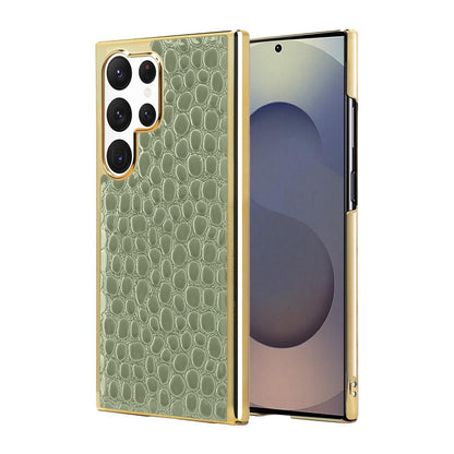 For Galaxy S25 Ultra 5G Pearl Crocodile Texture Electroplated Frame PC + Vegan Leather Phone Case - Green - EDA009690002E