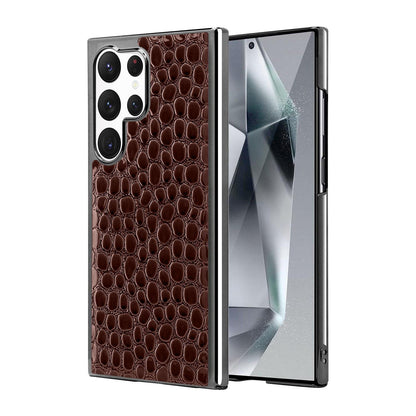 For Galaxy S24 Ultra 5G Pearl Crocodile Texture Electroplated Frame PC + Vegan Leather Phone Case - Dark Brown - EDA009690003A