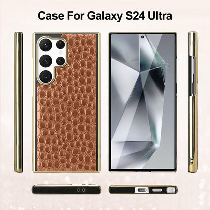 For Galaxy S24 Ultra 5G Pearl Crocodile Texture Electroplated Frame PC + Vegan Leather Phone Case - Dark Brown - EDA009690003A