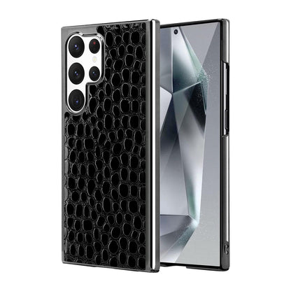 For Galaxy S24 Ultra 5G Pearl Crocodile Texture Electroplated Frame PC + Vegan Leather Phone Case - Black - EDA009690003B