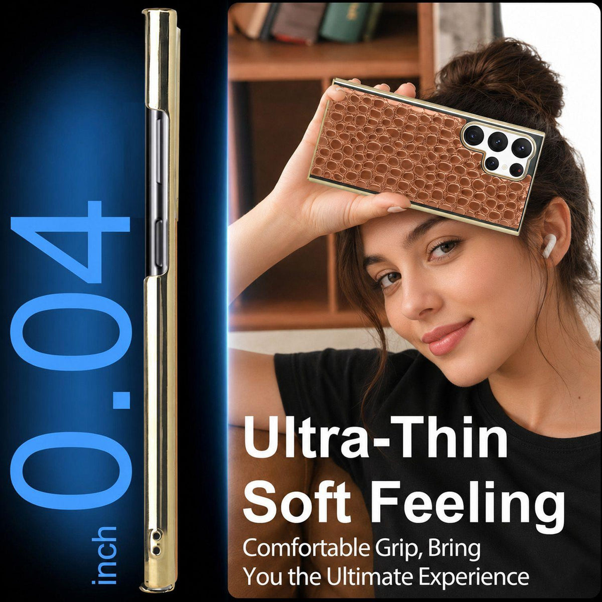 For Galaxy S24 Ultra 5G Pearl Crocodile Texture Electroplated Frame PC + Vegan Leather Phone Case - Black - EDA009690003B