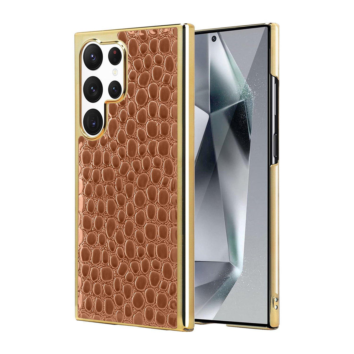 For Galaxy S24 Ultra 5G Pearl Crocodile Texture Electroplated Frame PC + Vegan Leather Phone Case - Brown - EDA009690003C